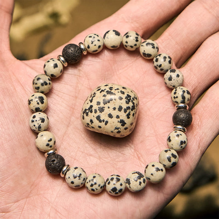 Pulsera de cuentas de piedra de lava de jaspe dálmata natural de Olivenorma