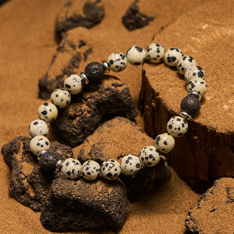 Pulsera de cuentas de piedra de lava de jaspe dálmata natural de Olivenorma