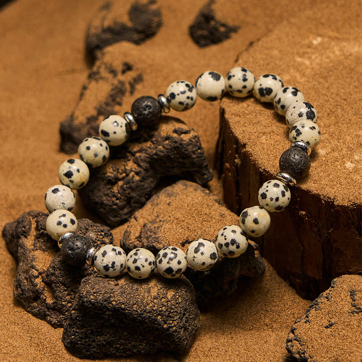 Pulsera de cuentas de piedra de lava de jaspe dálmata natural de Olivenorma