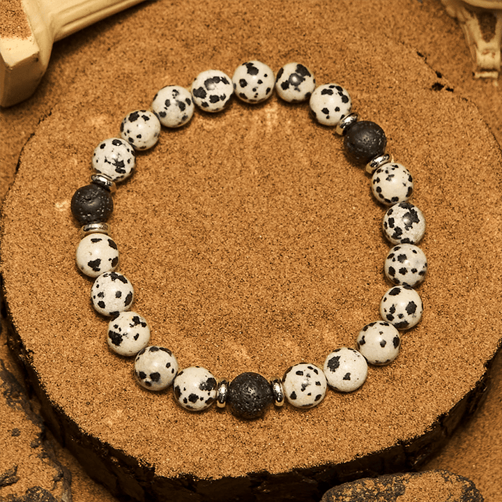 Pulsera de cuentas de piedra de lava de jaspe dálmata natural de Olivenorma