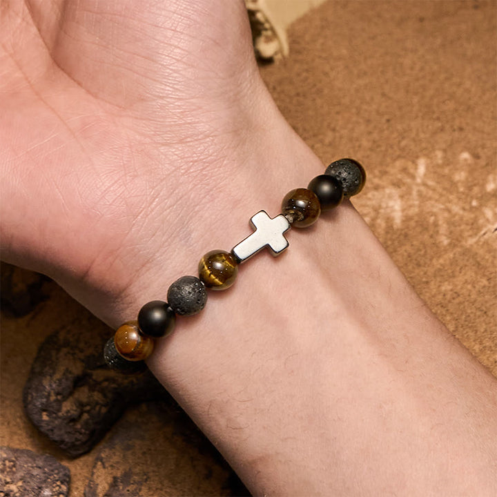Pulsera cruzada con cuentas de lava y ojo de tigre de Olivenorma