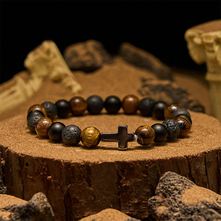 Pulsera cruzada con cuentas de lava y ojo de tigre de Olivenorma