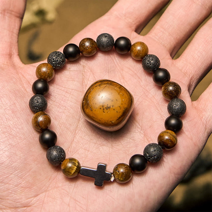 Pulsera cruzada con cuentas de lava y ojo de tigre de Olivenorma