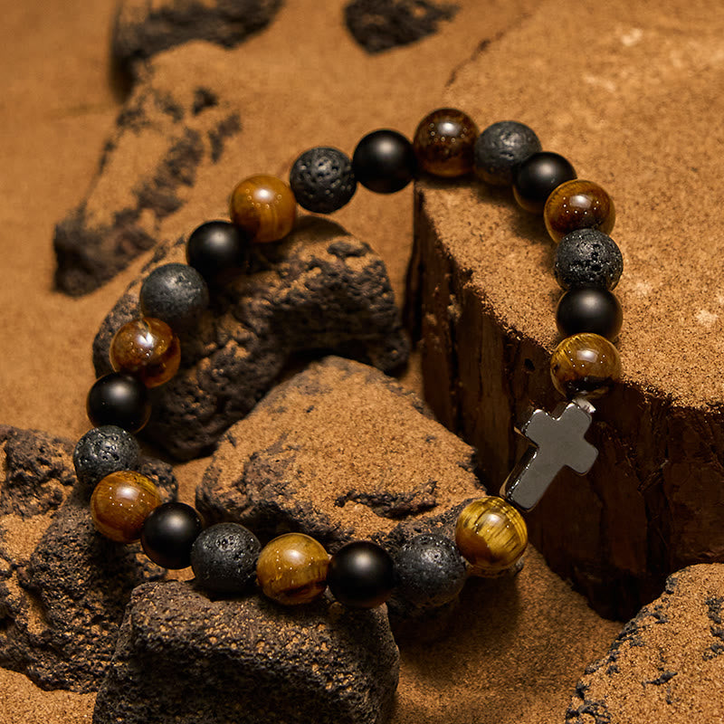 Pulsera cruzada con cuentas de lava y ojo de tigre de Olivenorma