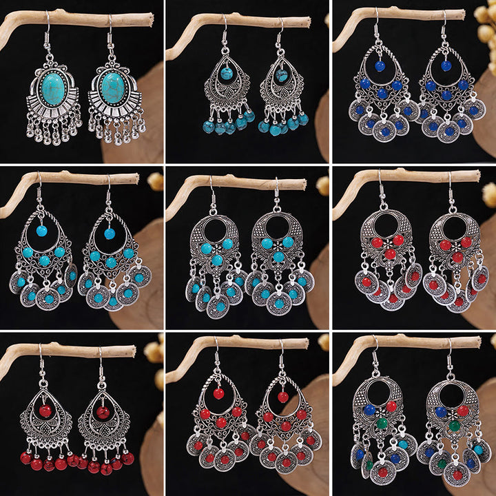 Pendientes Olivenorma estilo étnico retro con borlas bohemias de turquesa