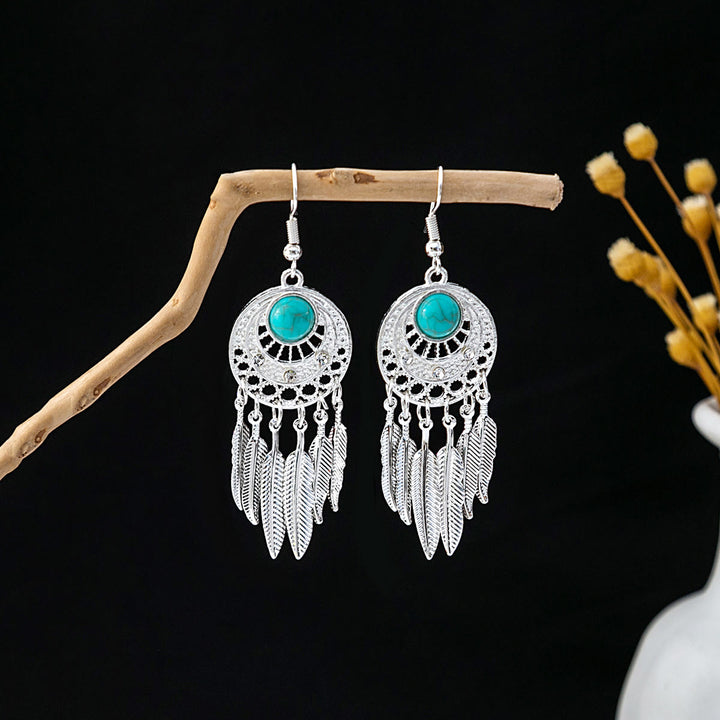 Pendientes Olivenorma estilo étnico retro con borlas bohemias de turquesa