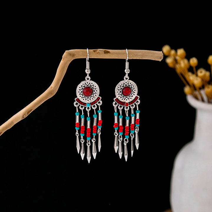 Pendientes Olivenorma estilo étnico retro con borlas bohemias de turquesa