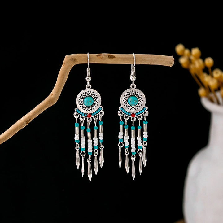 Pendientes Olivenorma estilo étnico retro con borlas bohemias de turquesa