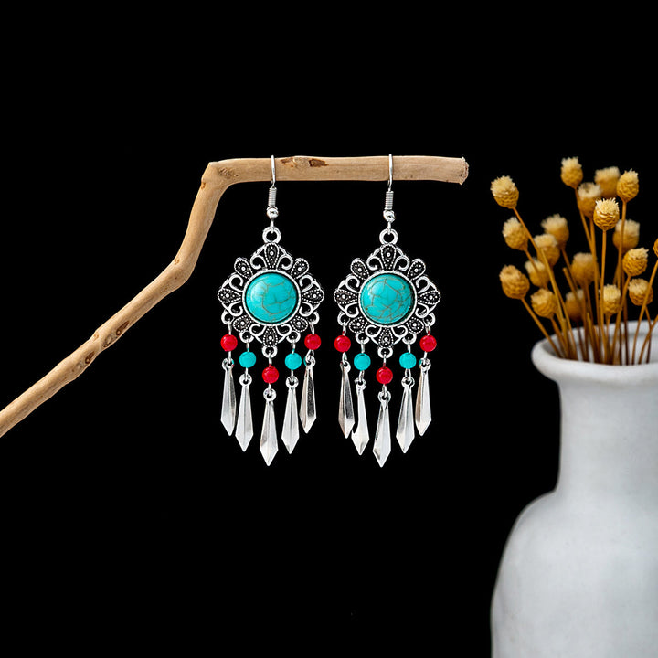 Pendientes Olivenorma estilo étnico retro con borlas bohemias de turquesa
