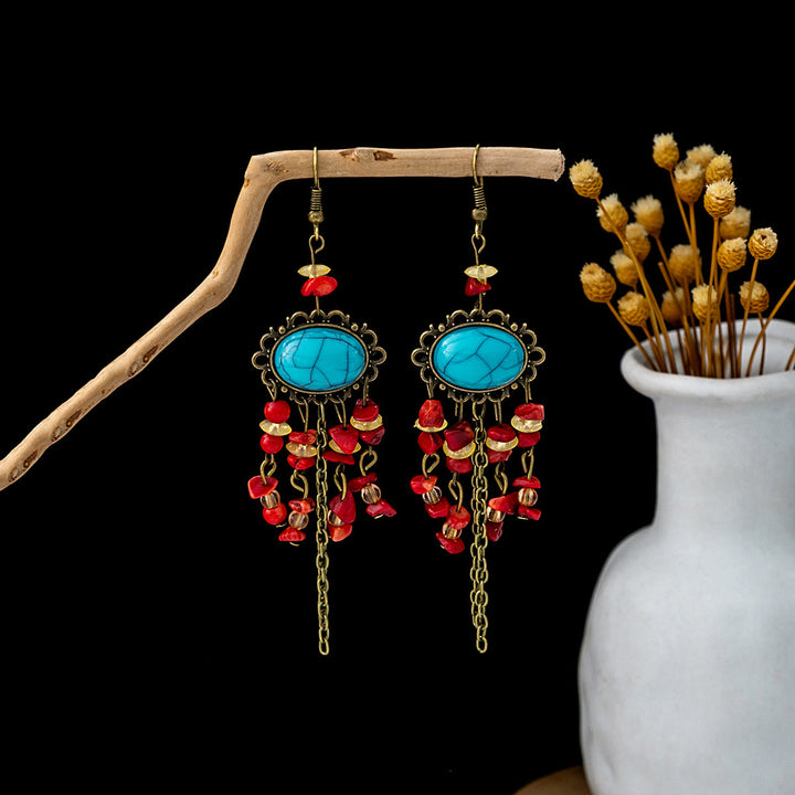 Pendientes Olivenorma estilo étnico retro con borlas bohemias de turquesa