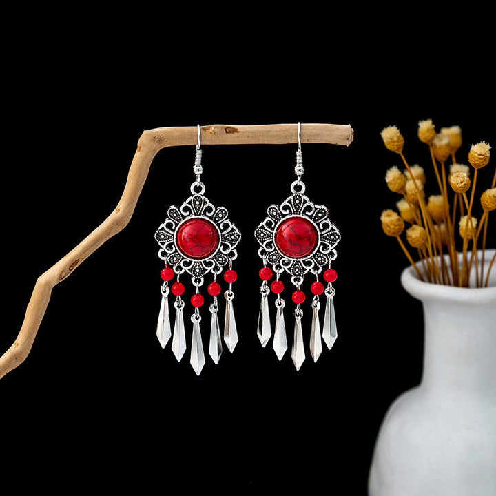 Pendientes Olivenorma estilo étnico retro con borlas bohemias de turquesa