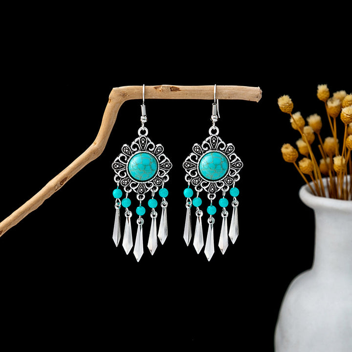 Pendientes Olivenorma estilo étnico retro con borlas bohemias de turquesa