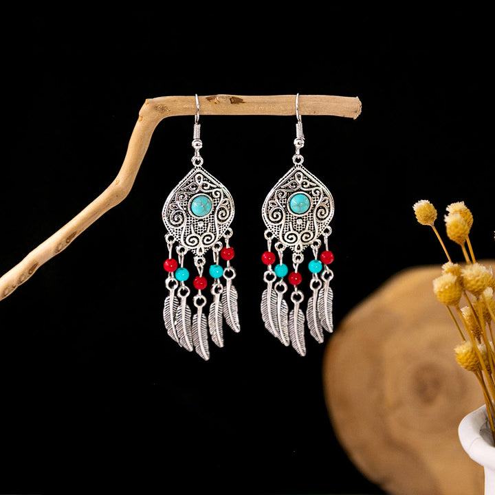 Pendientes Olivenorma estilo étnico retro con borlas bohemias de turquesa