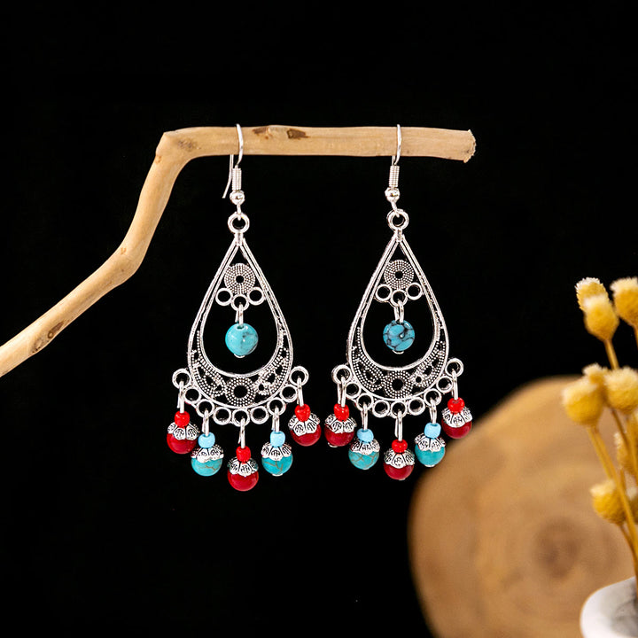 Pendientes Olivenorma estilo étnico retro con borlas bohemias de turquesa