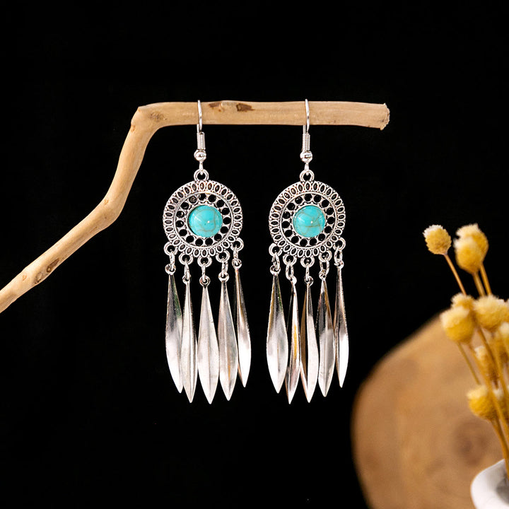 Pendientes Olivenorma estilo étnico retro con borlas bohemias de turquesa