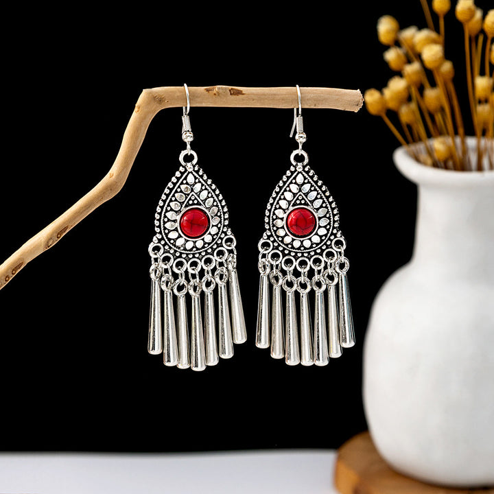 Pendientes Olivenorma estilo étnico retro con borlas bohemias de turquesa