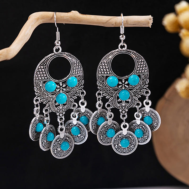 Pendientes Olivenorma estilo étnico retro con borlas bohemias de turquesa