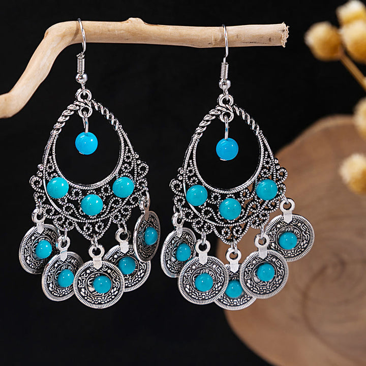 Pendientes Olivenorma estilo étnico retro con borlas bohemias de turquesa