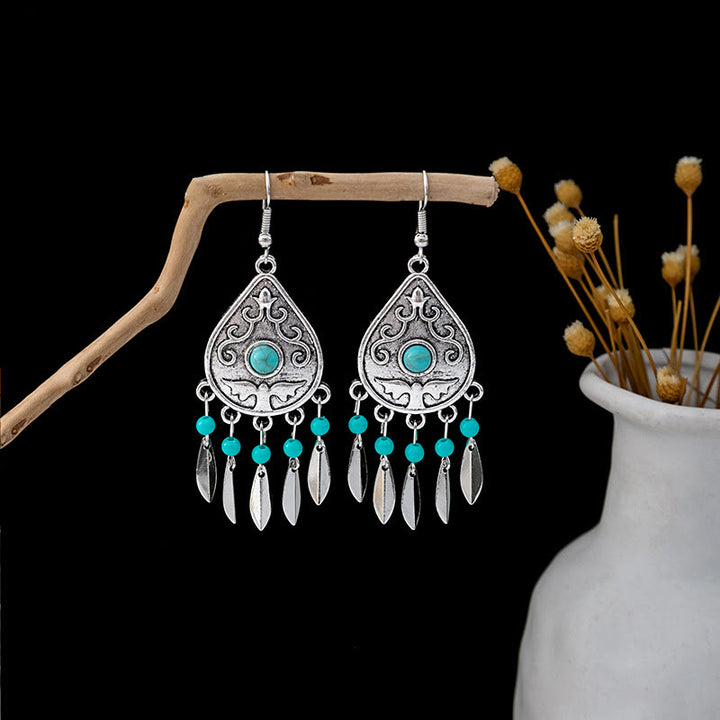 Pendientes Olivenorma estilo étnico retro con borlas bohemias de turquesa