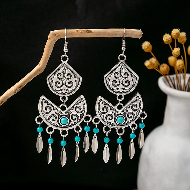 Pendientes Olivenorma estilo étnico retro con borlas bohemias de turquesa
