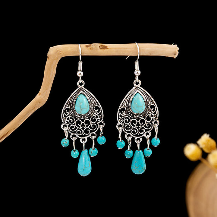 Pendientes Olivenorma estilo étnico retro con borlas bohemias de turquesa
