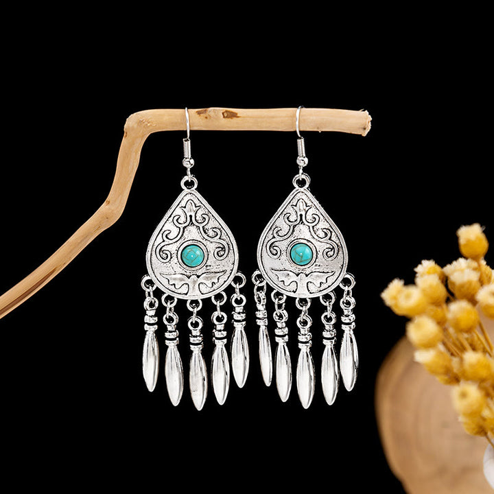 Pendientes Olivenorma estilo étnico retro con borlas bohemias de turquesa