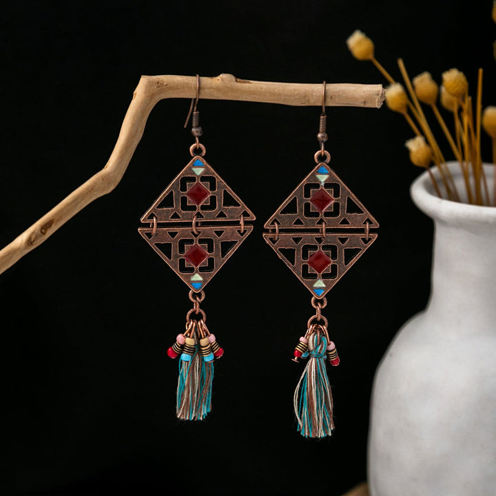 Pendientes Olivenorma estilo étnico retro con borlas bohemias de turquesa