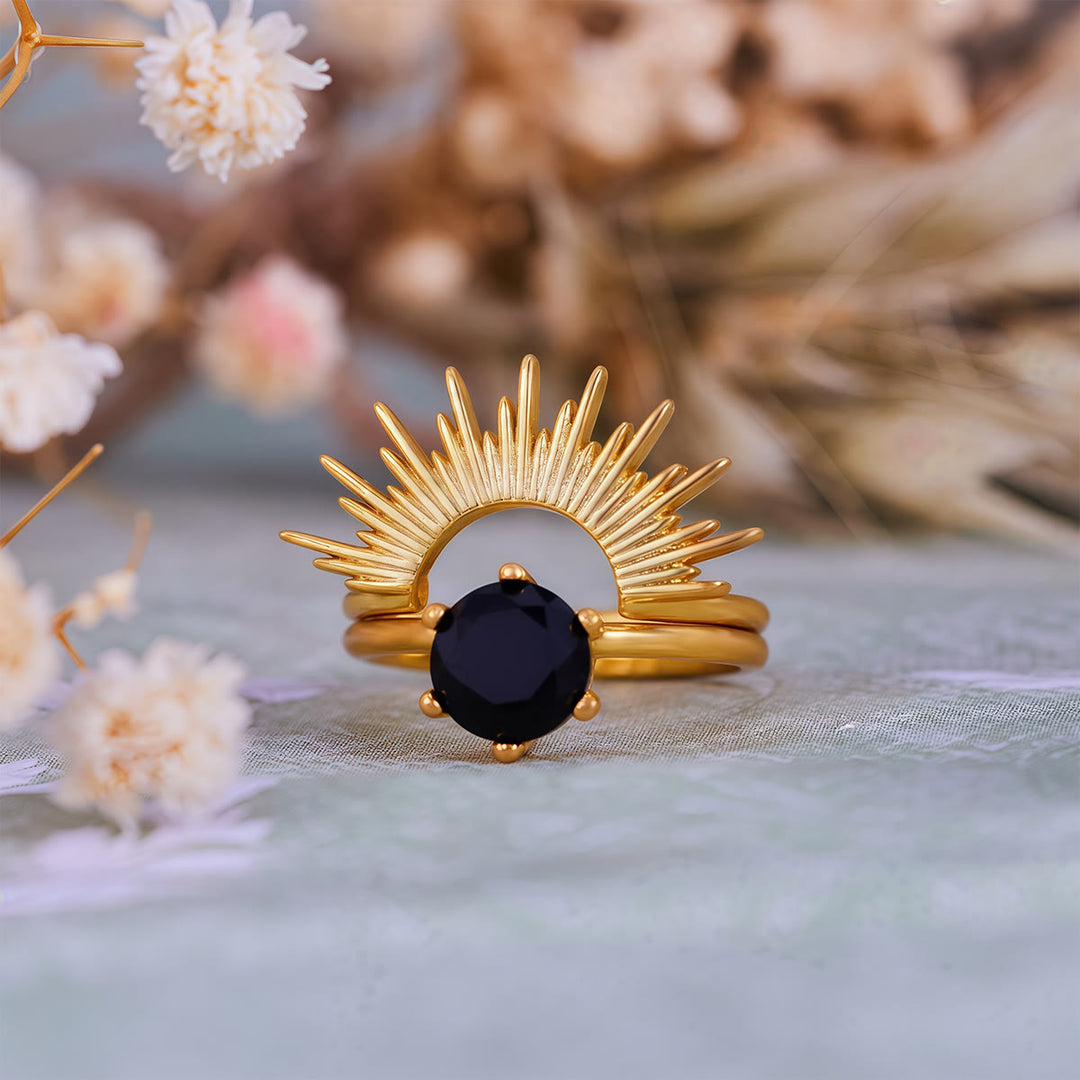 Juego de anillos con diseño de rayos de sol de obsidiana Olivenorma