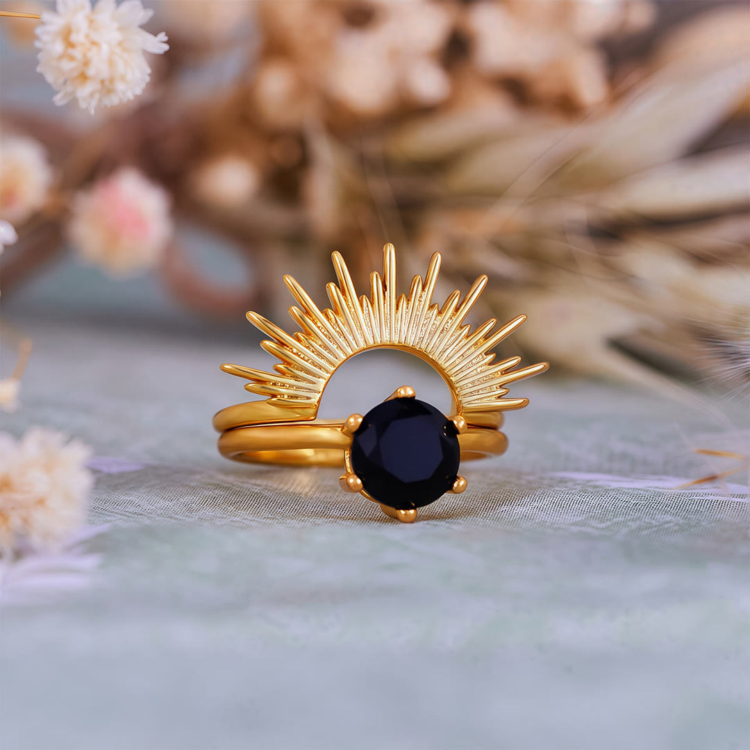 Juego de anillos con diseño de rayos de sol de obsidiana Olivenorma