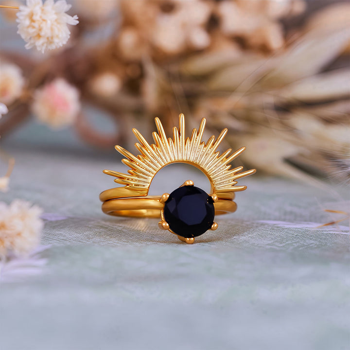 Juego de anillos con diseño de rayos de sol de obsidiana Olivenorma