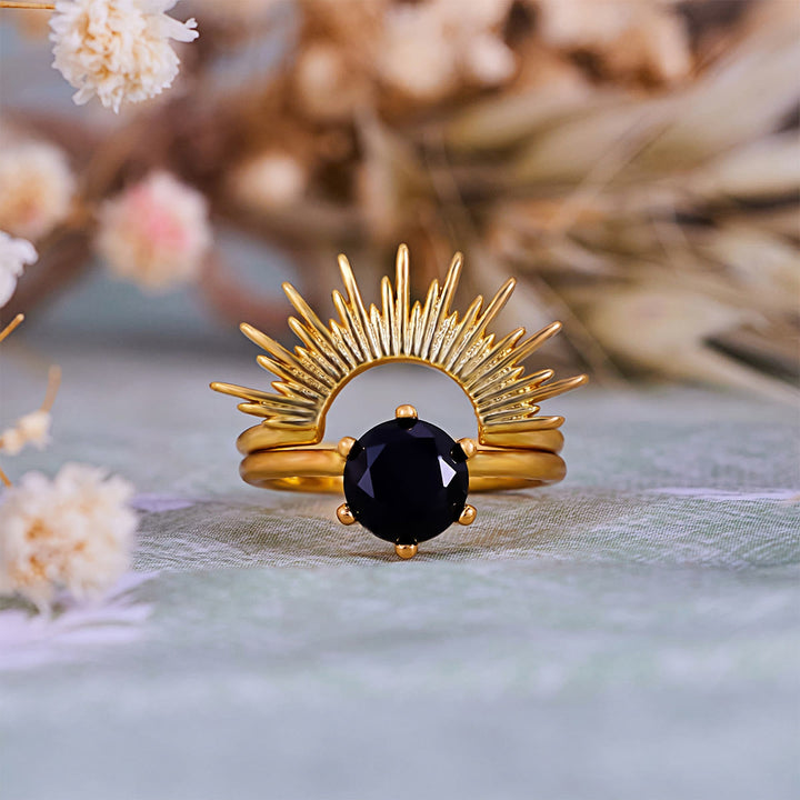 Juego de anillos con diseño de rayos de sol de obsidiana Olivenorma