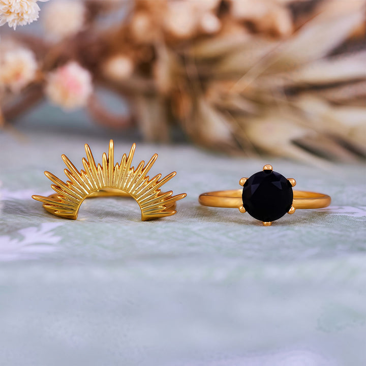 Juego de anillos con diseño de rayos de sol de obsidiana Olivenorma