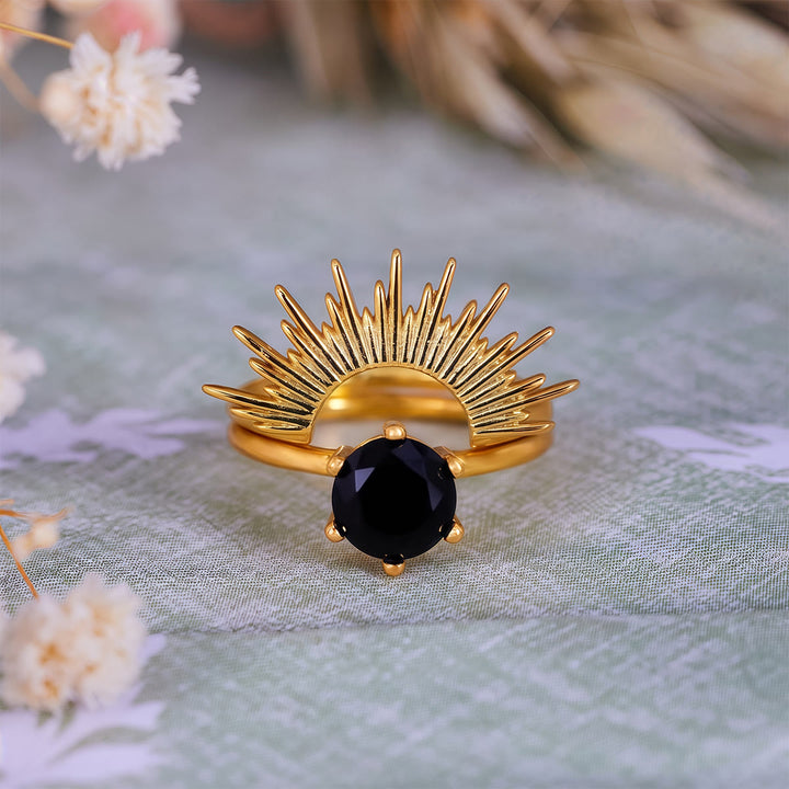 Juego de anillos con diseño de rayos de sol de obsidiana Olivenorma