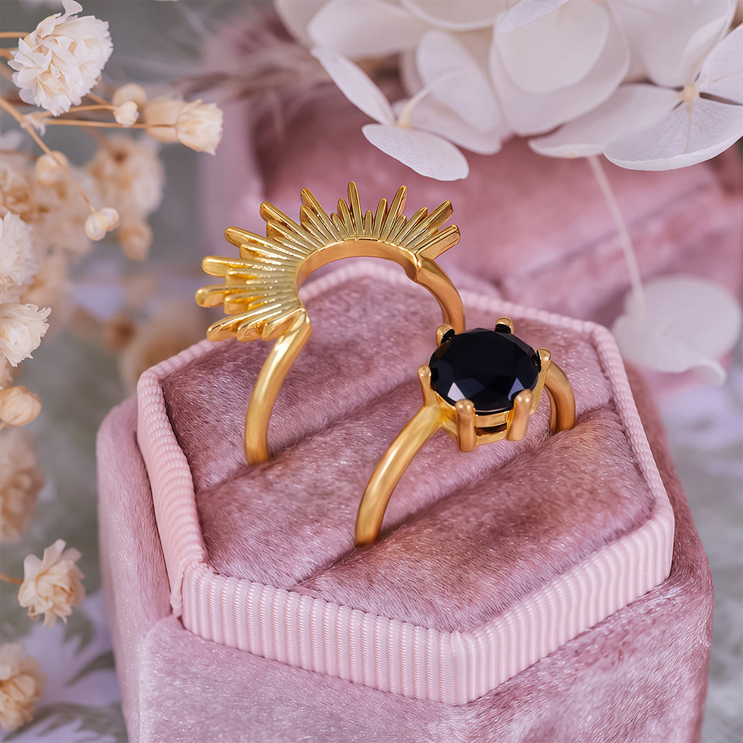 Juego de anillos con diseño de rayos de sol de obsidiana Olivenorma