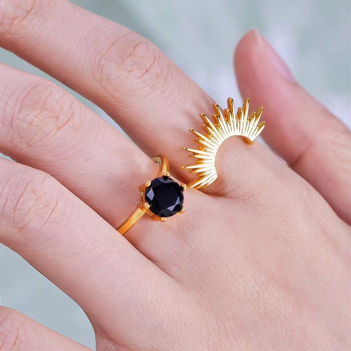 Juego de anillos con diseño de rayos de sol de obsidiana Olivenorma