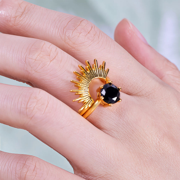 Juego de anillos con diseño de rayos de sol de obsidiana Olivenorma