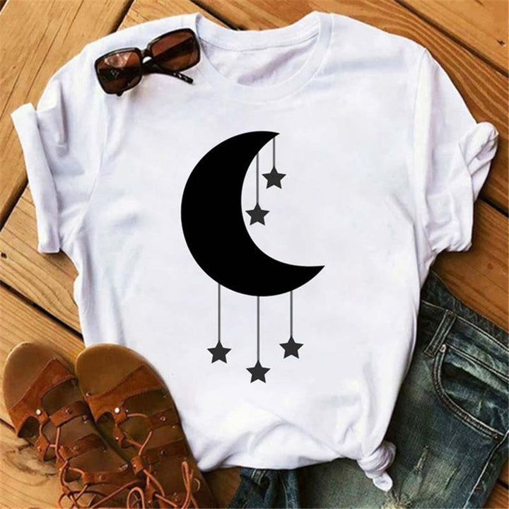Camiseta Olivenorma de poliéster con estampado de luna, gato negro y loto