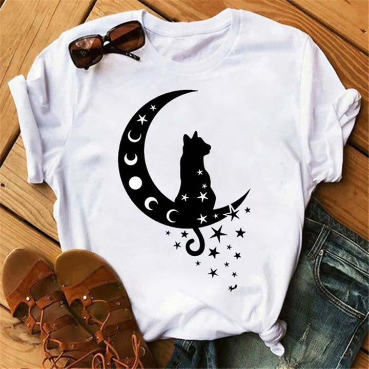 Camiseta Olivenorma de poliéster con estampado de luna, gato negro y loto