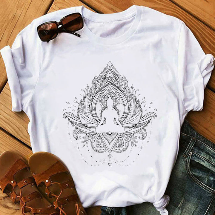 Camiseta bohemia con estampado de meditación zen y chakras de Buda de Olivenorma
