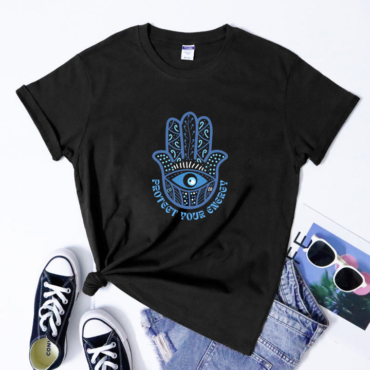 Camiseta con estampado de hamsa y ojo malvado de Olivenorma