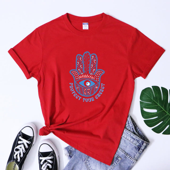 Camiseta con estampado de hamsa y ojo malvado de Olivenorma