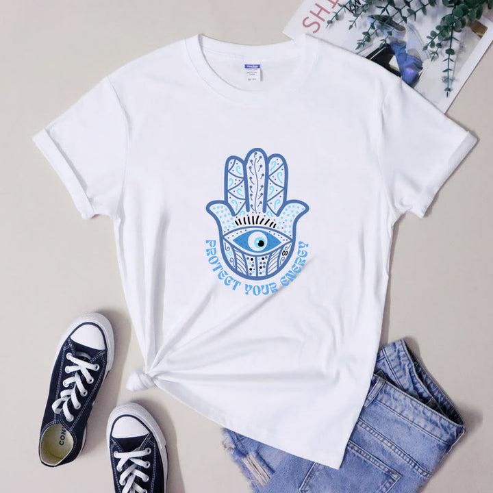 Camiseta con estampado de hamsa y ojo malvado de Olivenorma