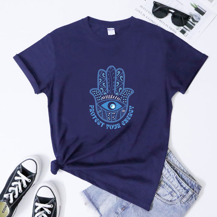 Camiseta con estampado de hamsa y ojo malvado de Olivenorma