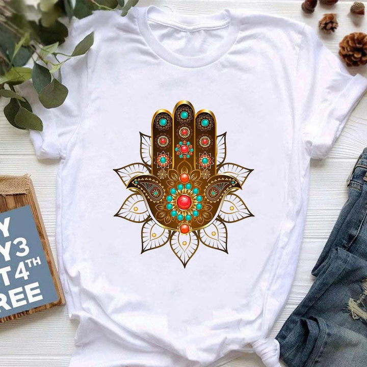Camiseta con estampado de loto y Buda Hamsa de meditación de Olivenorma