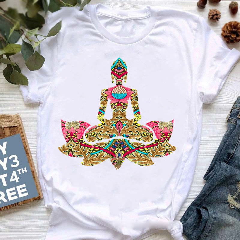 Camiseta con estampado colorido de meditación de Buda de Olivenorma