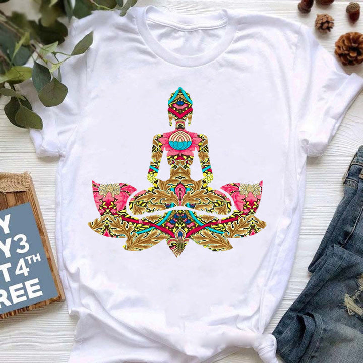 Camiseta con estampado colorido de meditación de Buda de Olivenorma