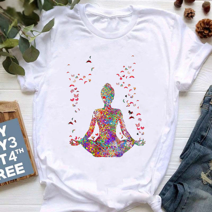 Camiseta con estampado colorido de meditación de Buda de Olivenorma