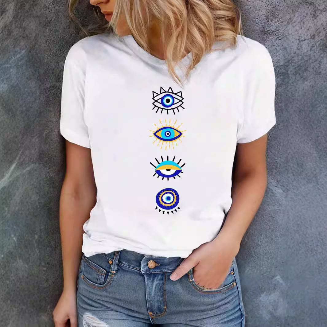 Camiseta blanca con estampado de ojo malvado azul de Olivenorma