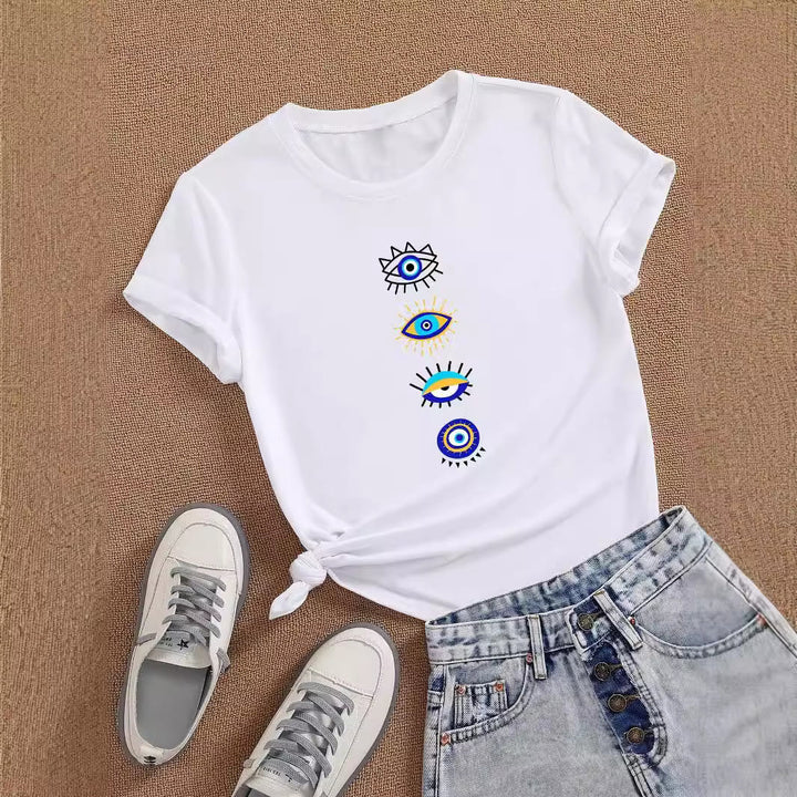 Camiseta blanca con estampado de ojo malvado azul de Olivenorma
