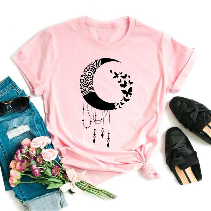 Camiseta Olivenorma de poliéster con estampado de loto y luna negra en rosa